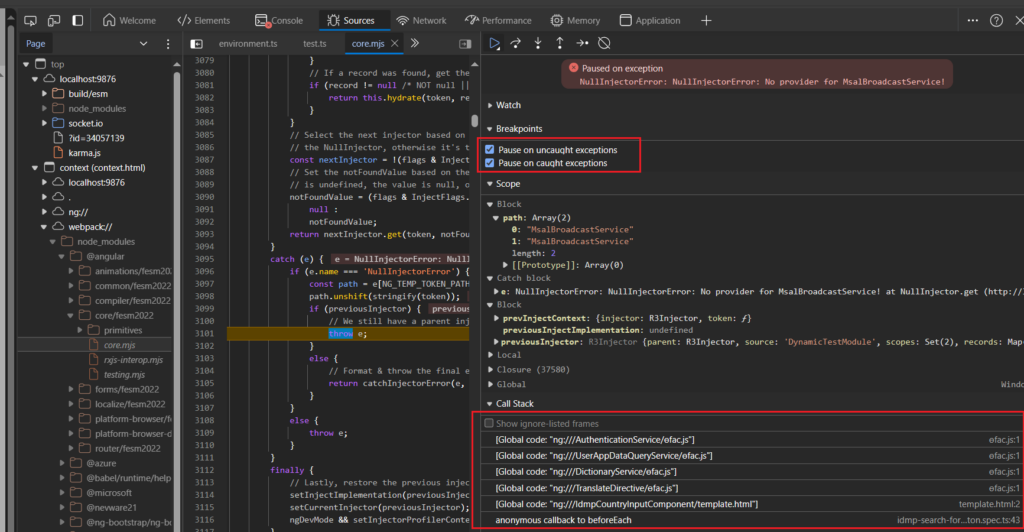 How to debug Angular component test Dependency Injection chain ...
